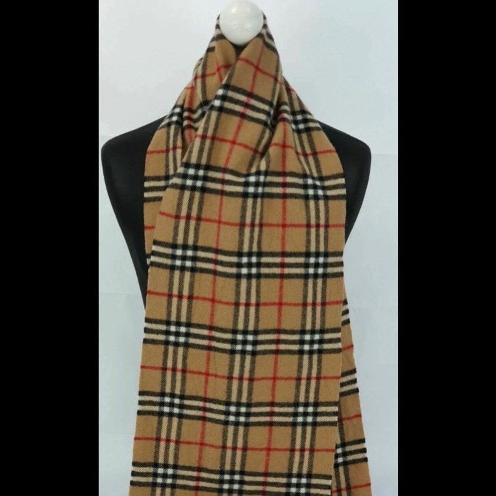 Vintage BURBERRY London 100% Lambswool Beige Classic Check Long Scarf DAMAGED